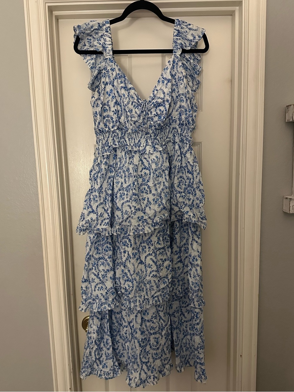 Olivaceous White and Blue Tiered Ruffle Midi Dress